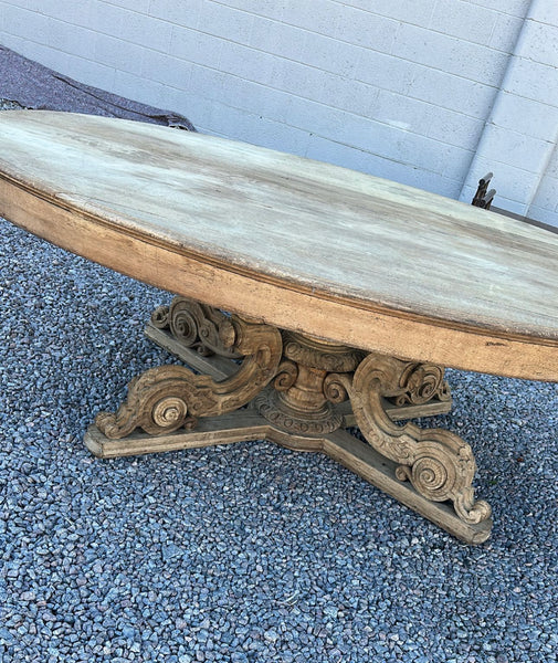 French Oak Carved Pedestal Base Oval Table