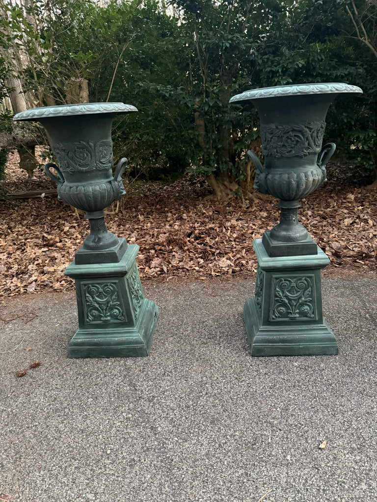 cast iron pot planter Cast Iron Urn with Handles on Plinth – McIntosh Cottage Antiques