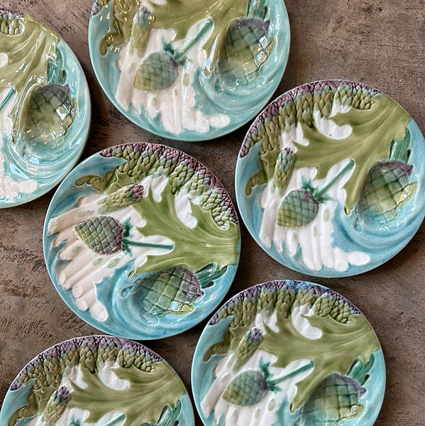 Keller and Guerin of Luneville and St Clements Asparagus Plate, Turquoise and Green with Sauce Well