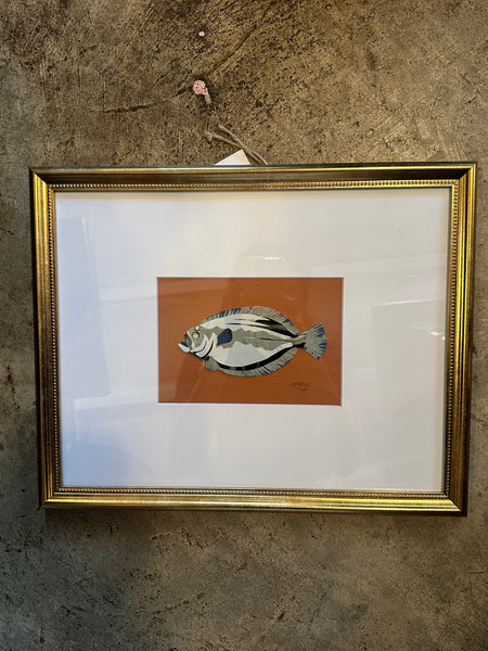 Flounder Collage, Pale Blue and Grey on Rust