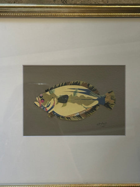Flounder Collage, Cream and Gold on Grey
