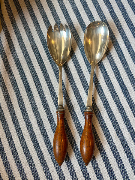 Pair of Silver Plate Serving Pieces with Wooden Handles