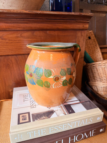 Pyrenees Jug, Pale Orange with Flowers and Green Rim
