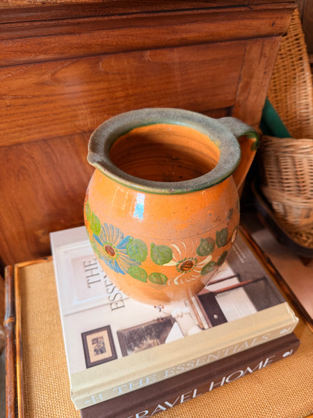 Pyrenees Jug, Pale Orange with Flowers and Green Rim