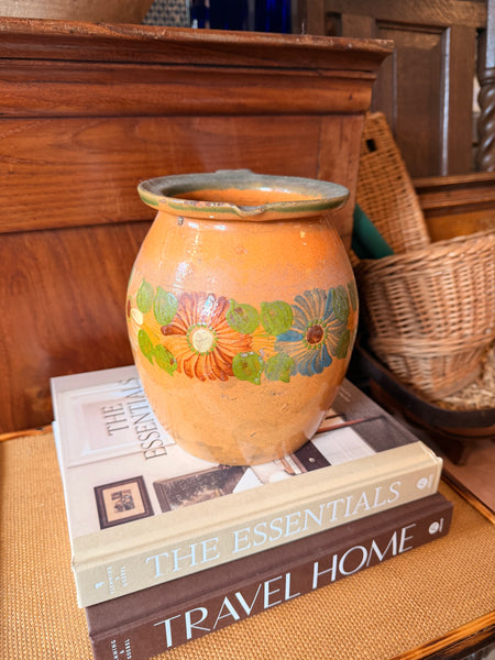 Pyrenees Jug, Pale Orange with Flowers and Green Rim