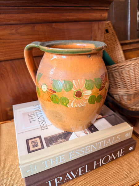 Pyrenees Jug, Pale Orange with Flowers and Green Rim