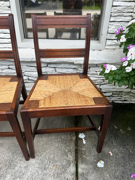 Set of Four Rush Seated English Oak Chairs