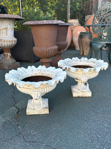 Pair of Ruffled Cast Iron Urns, White