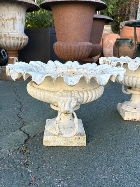 Pair of Ruffled Cast Iron Urns, White