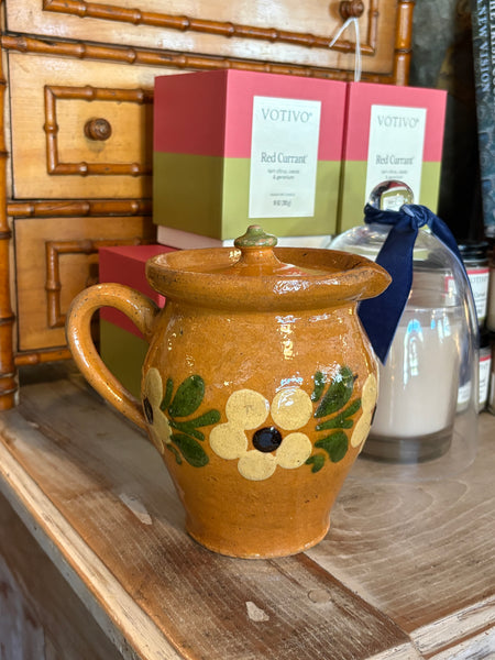 Pottery Pitcher with Lid, Orange with Floral Motif