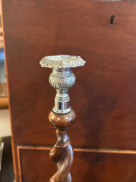 Pair of Barley Twist Candlesticks, Ornate Silver Top