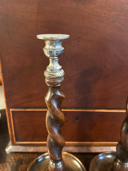 Pair of Barley Twist Candlesticks, Silver Top