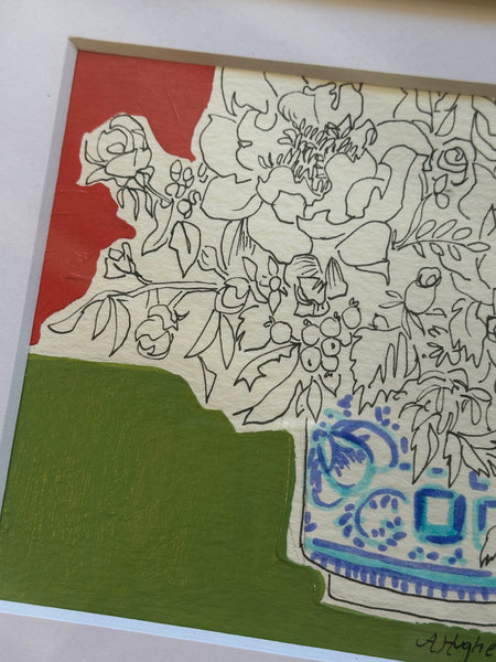 Line Floral Vase, Green and Rose