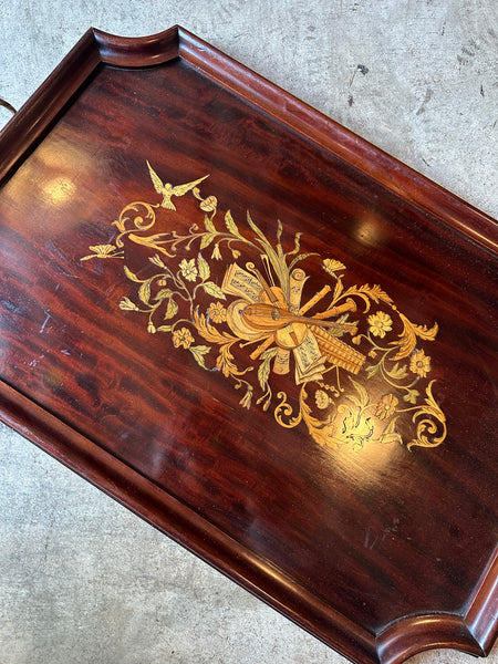 Mahogany Inlaid Tray with Brass Handles