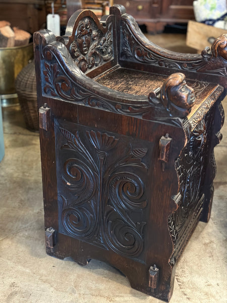 Heavily Carved Oak Coal Hod with Seat