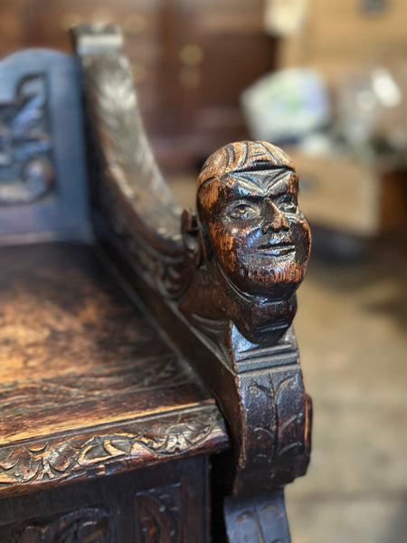Heavily Carved Oak Coal Hod with Seat