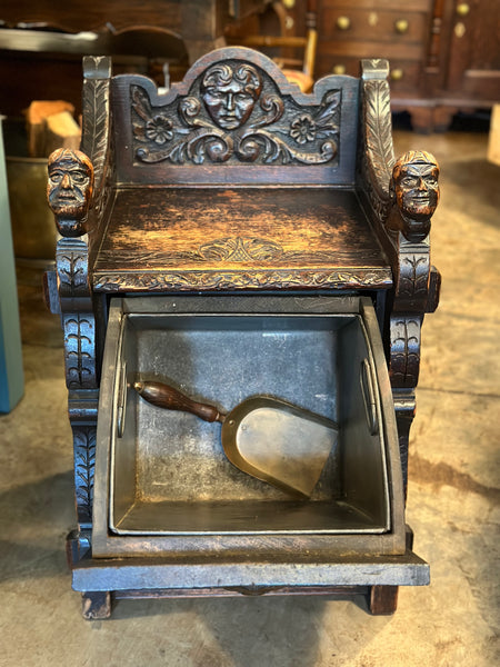 Heavily Carved Oak Coal Hod with Seat