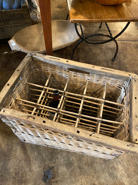 French Wicker and Oak Champagne Bottle Basket