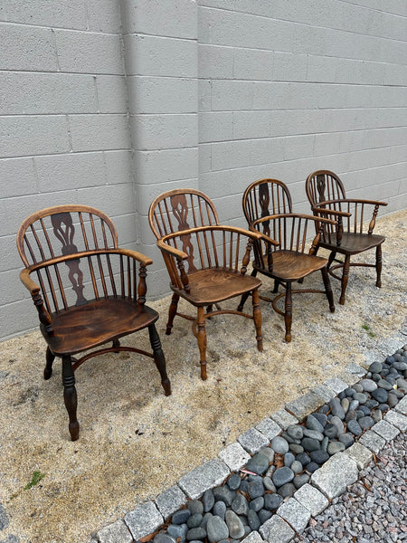 Set of 4 Elm and Ash Low Back Windsor Arm Chairs