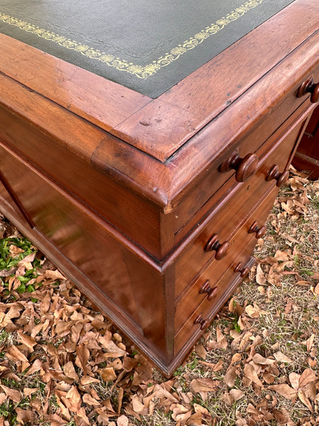 English Mahogany Partners Desk with Leather Top